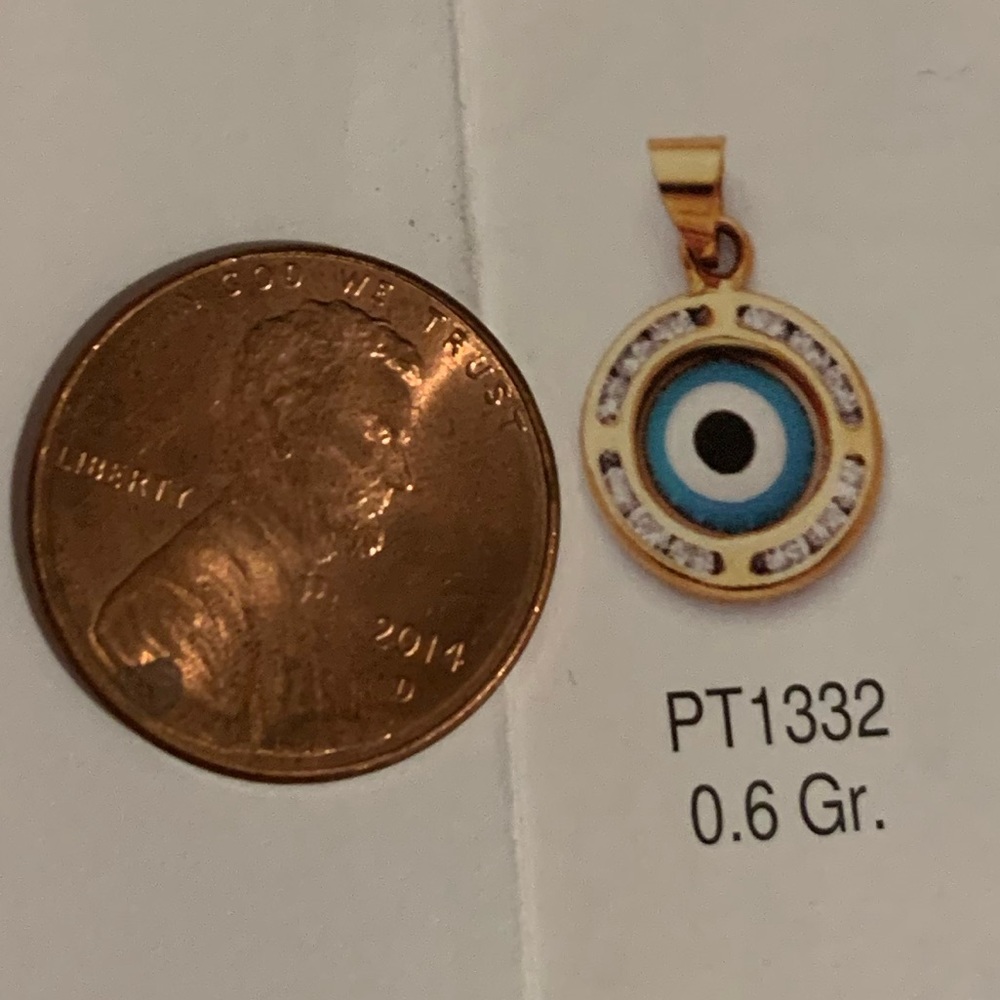 14k Yellow Solid Gold Round Evil Eye Pendant - Picture 3 of 9